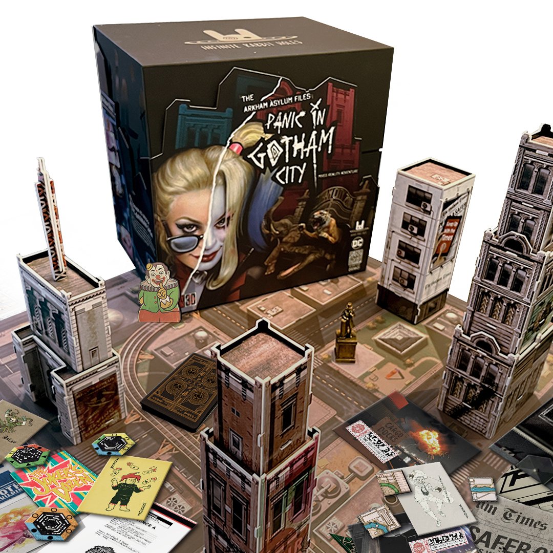 Arkham Asylum Files board game with the board and Gotham City buildings
