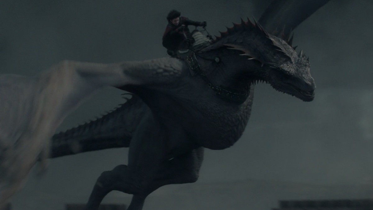 Prince Lucerys rides Arrax his dragon into Storm's End on House of the Dragon