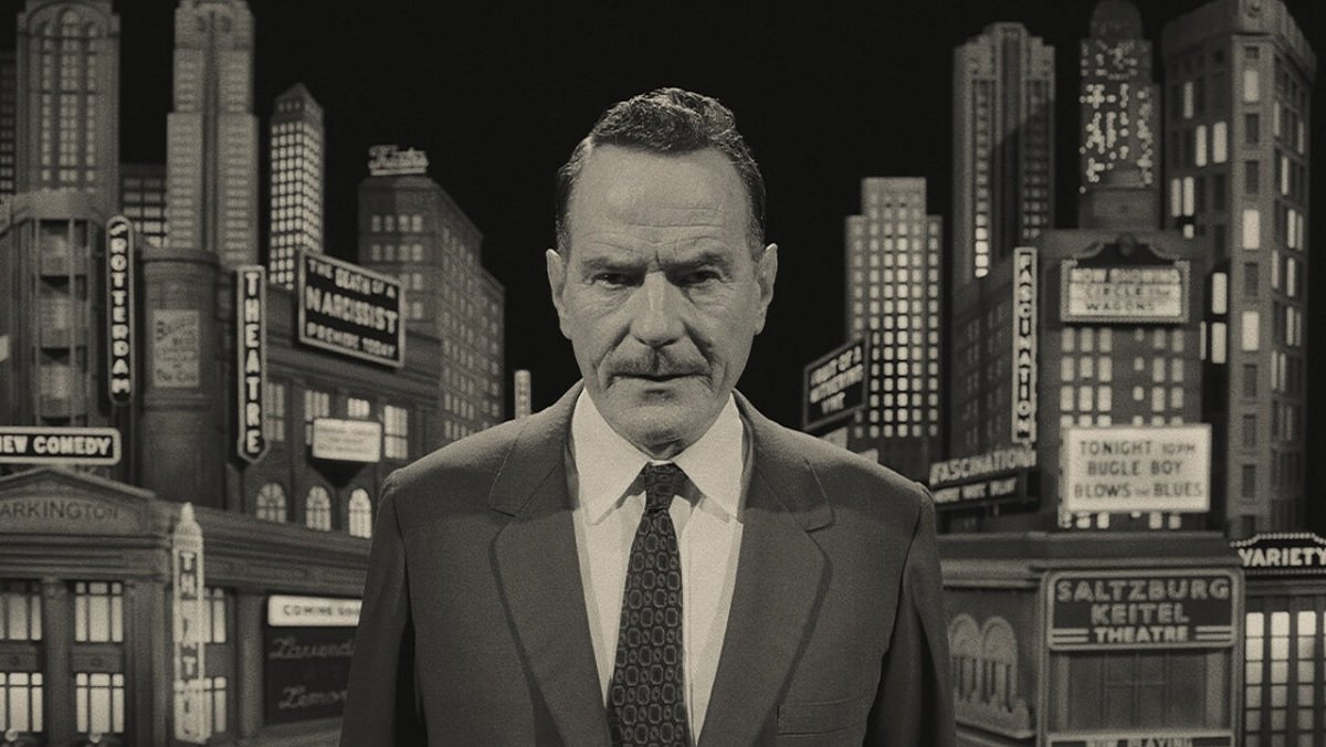 Bryan Cranston as a Rod Serling-esque narrator in black and white in Asteroid City.