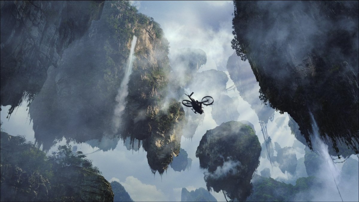 A helicopter flies among floating mountains in Avatar
