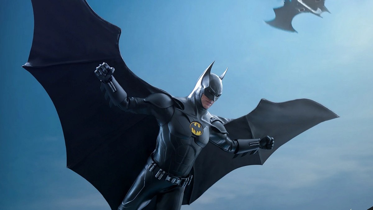 Hot Toys' Michale Keaton Batman from The Flash 1/6 scale figure in gliding pose.