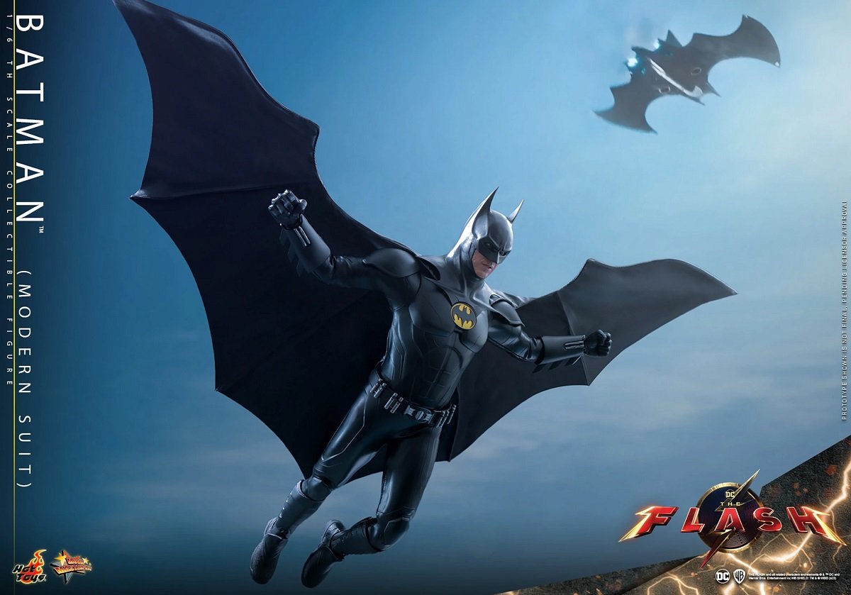 Hot Toys Michael Keaton Batman from The Flash in flying pose.