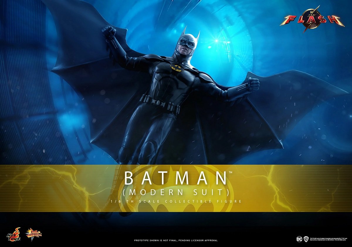Hot Toys Michael Keaton Batman from The Flash in gliding pose.