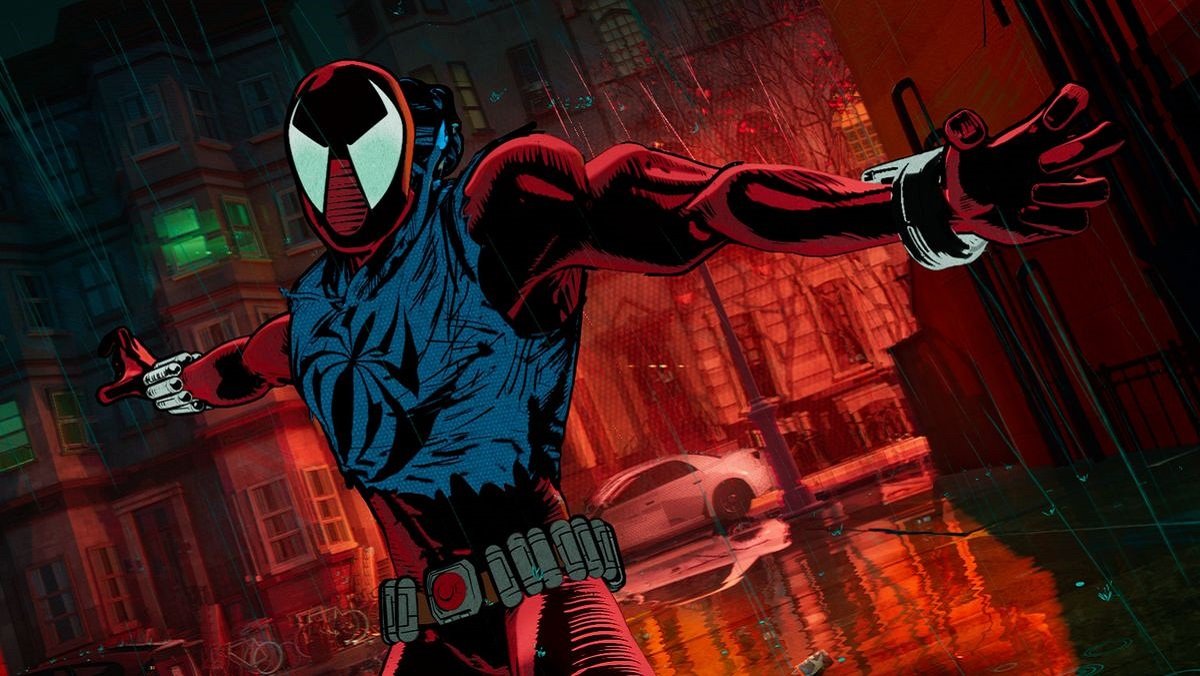 Ben Reilly, the Scarlet Spider, swings through the New York of Earth-42 in Across the Spider-Verse.