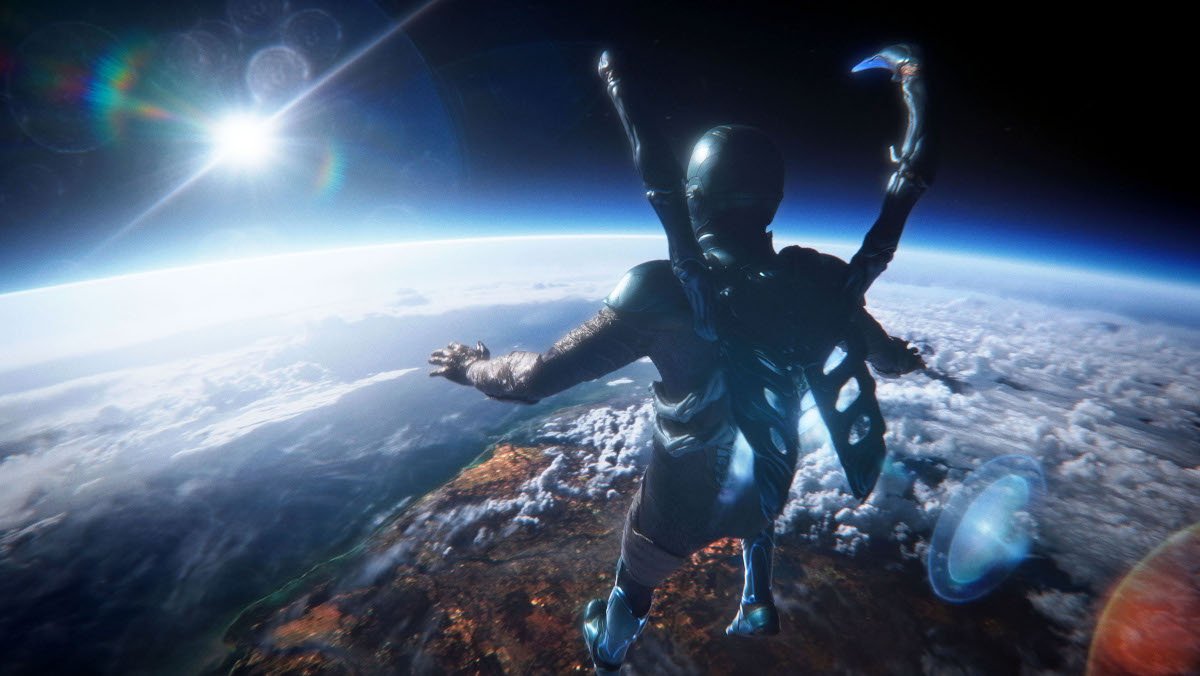 Blue Beetle in space looks down at Earth