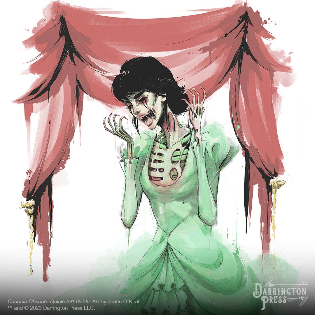 An illustration of a skeleton in a green dress from the Candela Obscura Quickstart Guide