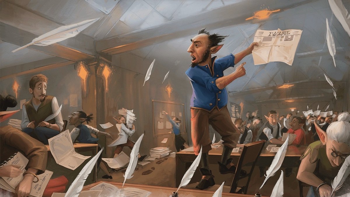 A character standing on a desk and pointing at a paper in Dungeons & Dragons