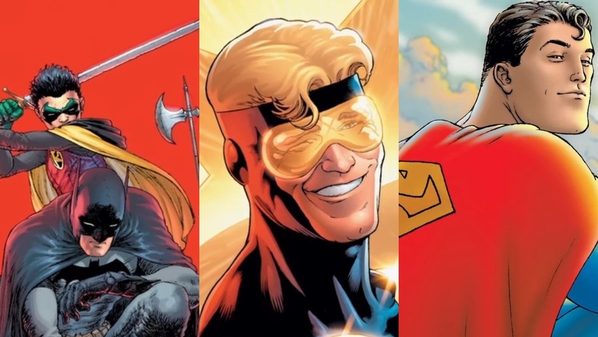 Collage of DCU or DC Universe characters drawn, including Robin holding a sword to Batman's head, Booster GOld smiling, and Superman