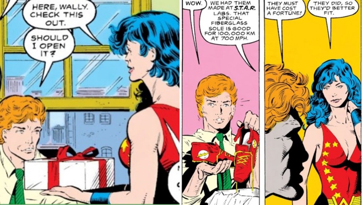 The Flash (Wally West) receives custom running shoes for his birthday in 1987's Flash #1.