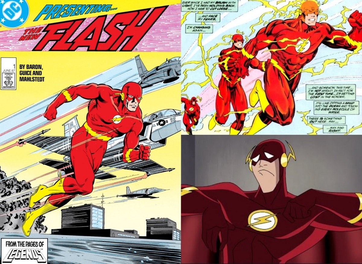 The cover of Flash #1, cover art, 1990s Flash, and Justice League animated Flash.