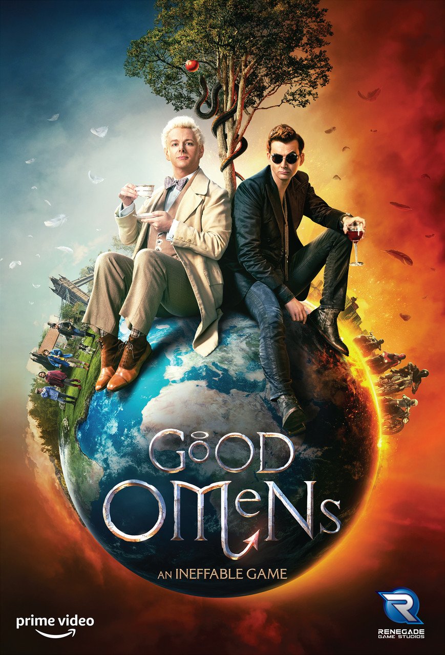 cover photo for good omens rpg game box set with aziraphale and crowley sitting on top of a burning earth