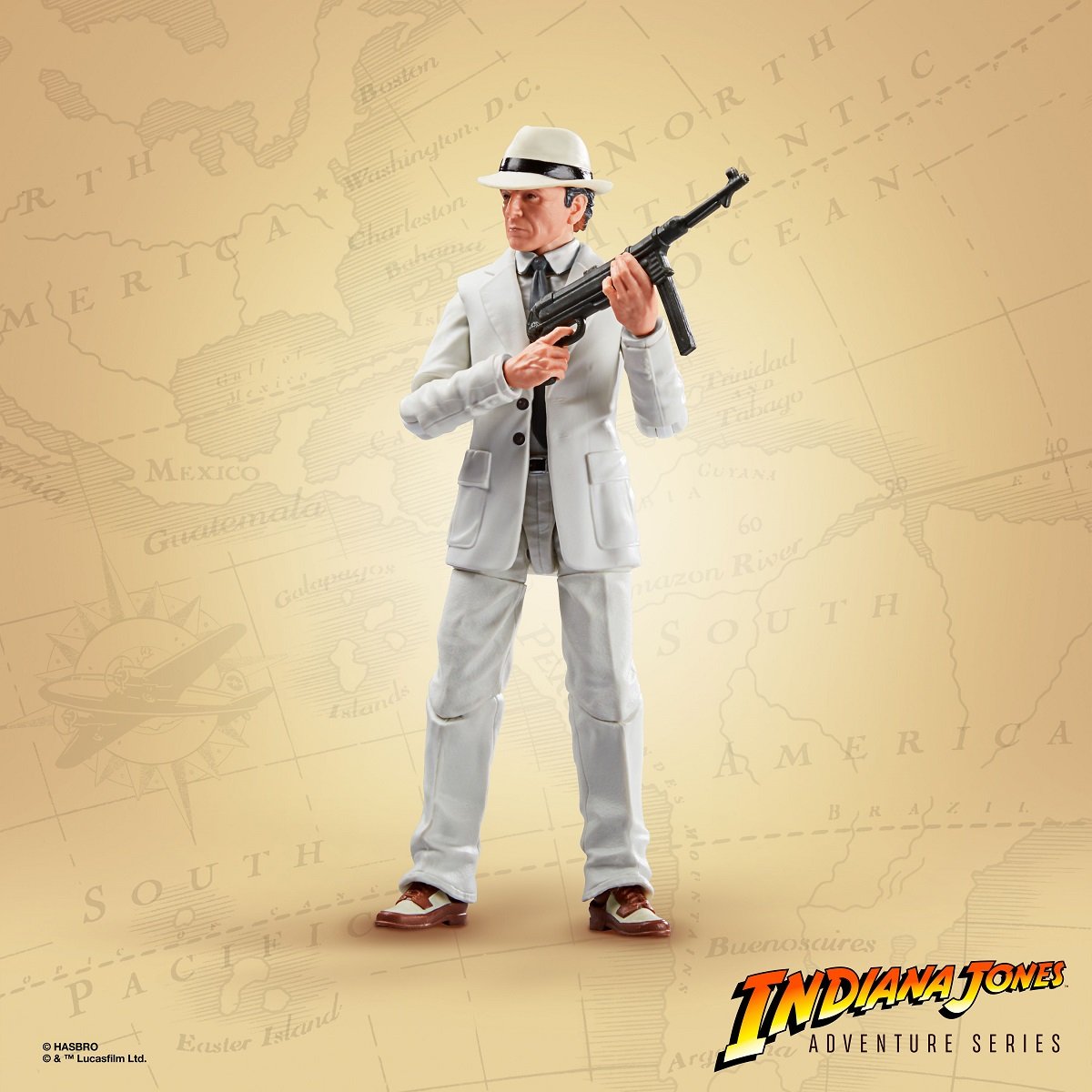 René Belloq figure with machine gun from Raiders of the Lost Ark, part of Hasbro's Indiana Jones Adventure Series.