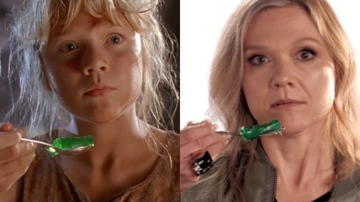 split image of actress ariana richads holding a spoonful of green jello alongside her character lex doing the same thing in jurassic park