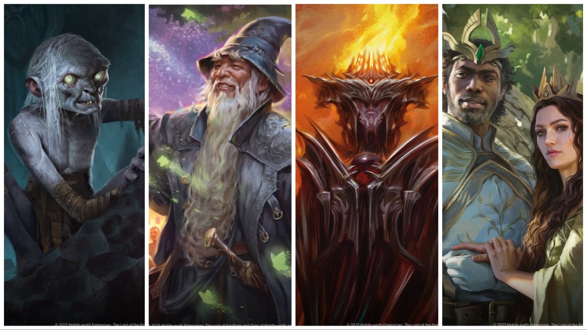 A collage of some f The Lord of the Rings Magic: The Gathering cards showing illustrations of Gollum, Gandalf, Sauron, and Aragorn and Arwen