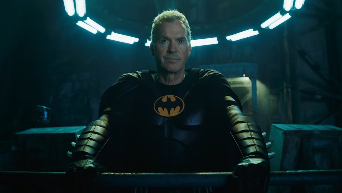 Michael Keaton's Batman in his suit without his cowl and with gold plated arms in The Flash