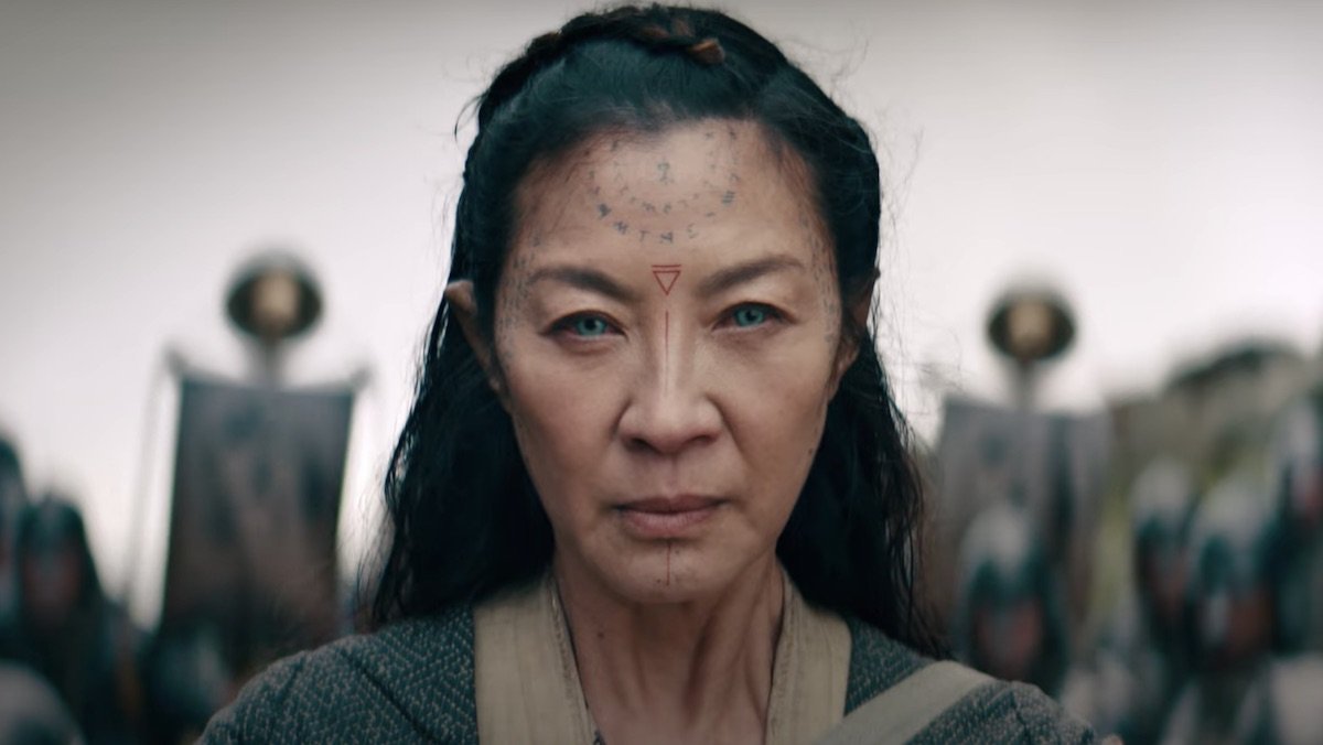 Michelle Yeoh looks stern as an elf with face paint on The Witcher: Blood Origin