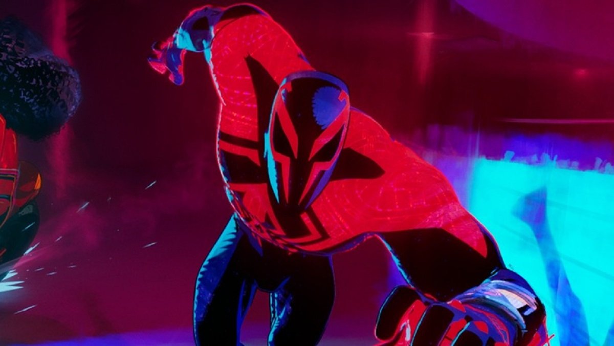 Spider-Man 2099, aka Miguel O'Hara, charges towards Miles Morales in Spider-Man: Across the Spider-Verse.