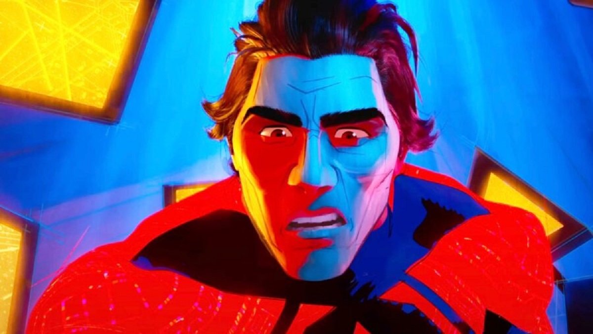 A maskless Miguel O'Hara rages at Miles Morales in Spider-Man: Across the Spider-Verse.