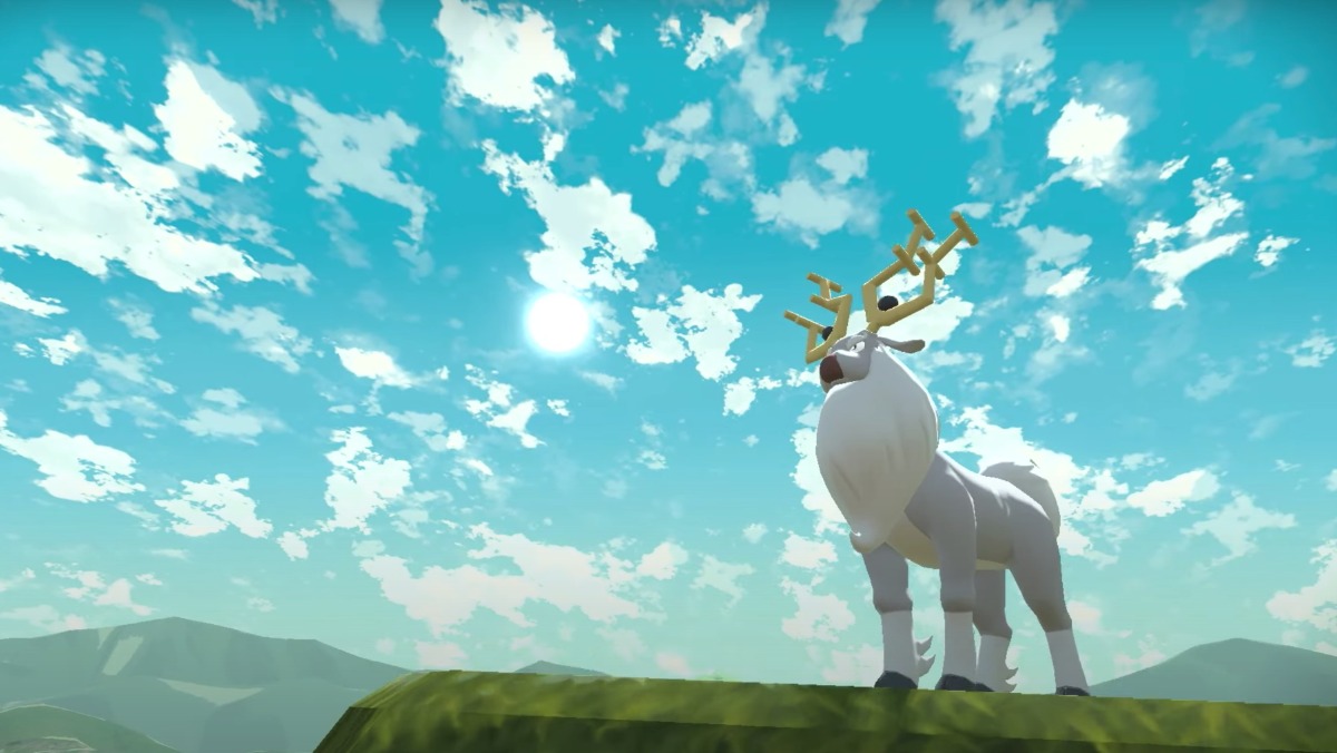 New Arceus Evolution, Wyrdeer, a white deer creature standing in front of a blue sky on a mountain