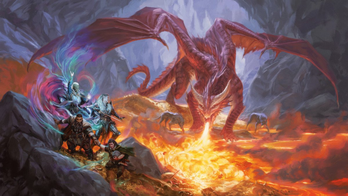 Illustration of a red dragon spewing fire in Dungeons & Dragons