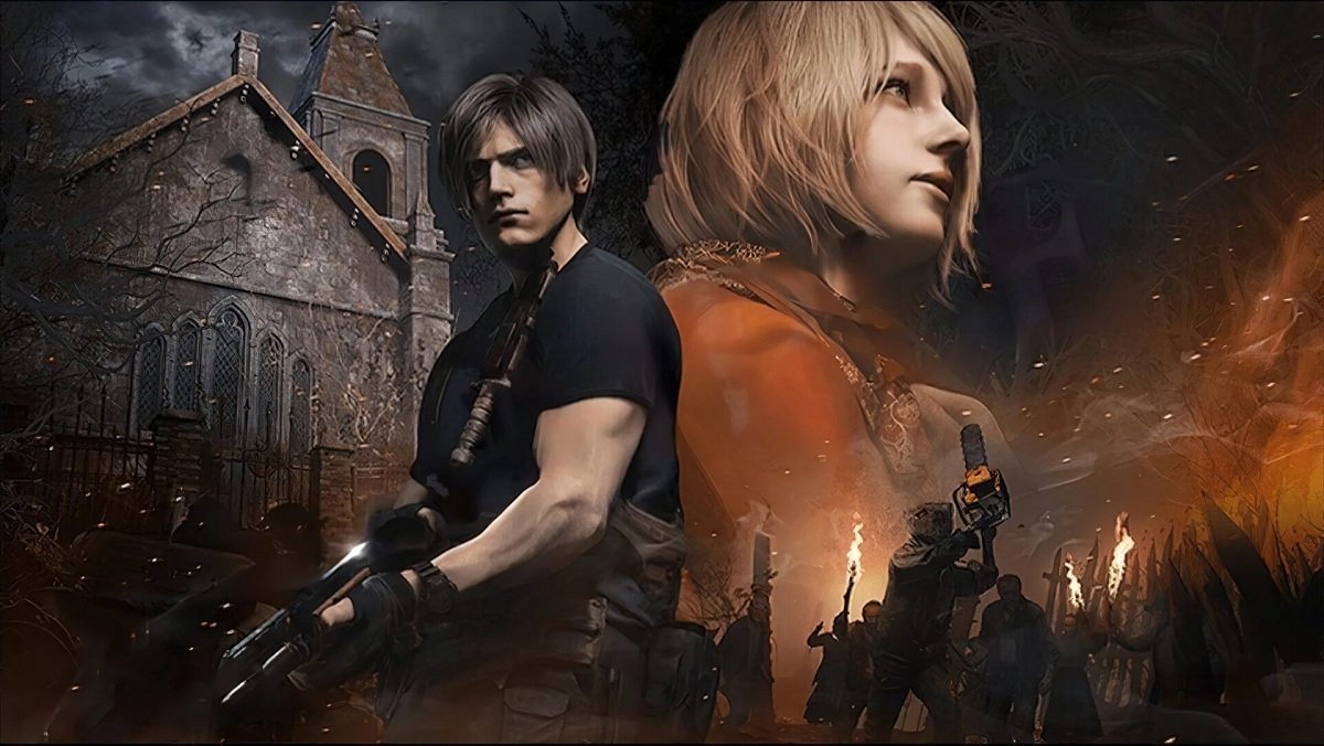 Resident Evil 4 remake poster shows Leon Kennedy with a pistol and Ashley starring off to the right as Ganados mob at the bottom of the images.