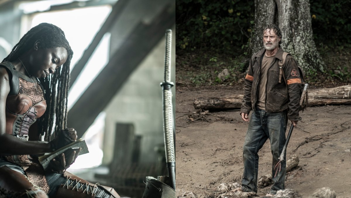 split photo of Rick and Michonne Grimes the walking dead season finale survivors
