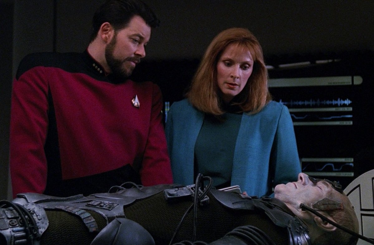 Riker and Crusher examine an unconscious Locutus of Borg in the classic Next Generation episode The Best of Both Worlds Part II. 