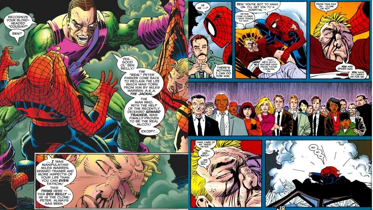 The death of Ben Reilly, in Spider-Man #75 from 1996. Art by John Romita Jr. 