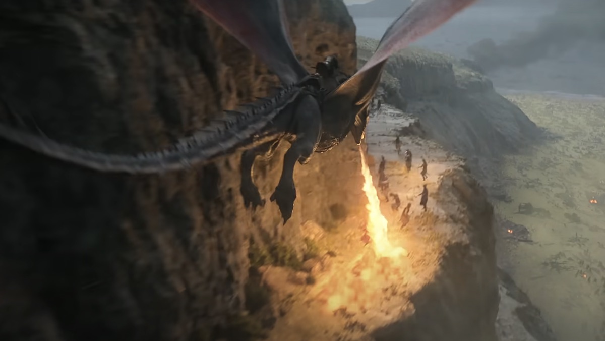 Laenor Velaryon burns archers atop his dragon Seasmoke on House of the Dragon