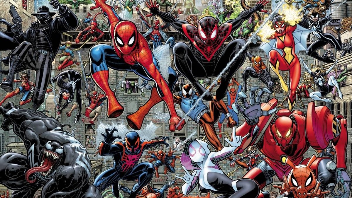 The various Spider-heroes, in art by Arthur Adams. 