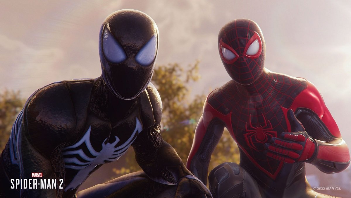 Peter Parker, wearing his new black and gooey Spider-Man suit and Miles Morales in his regular Spider-Man suit in the PS5 game Spider-Man 2.
