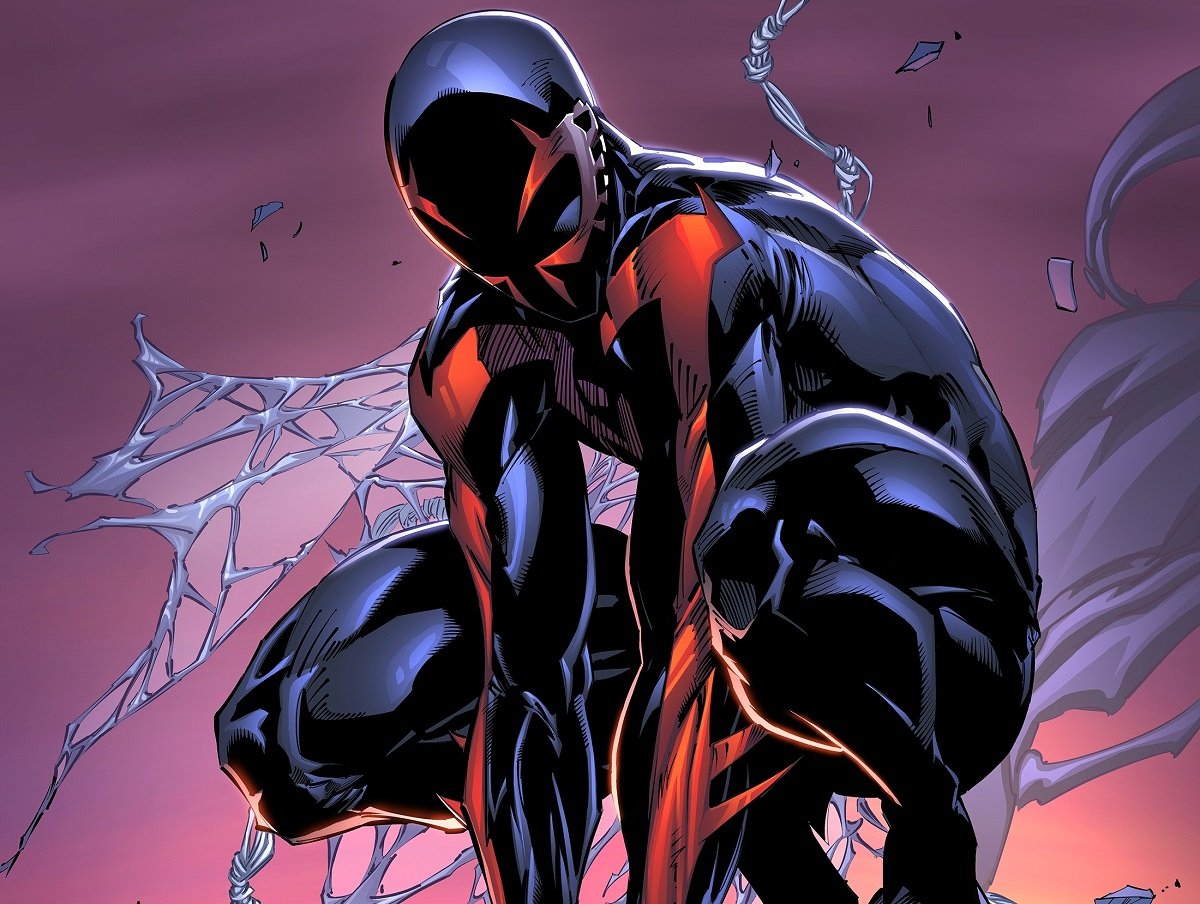 Spider-Man 2099 striking a pose on top of a building.