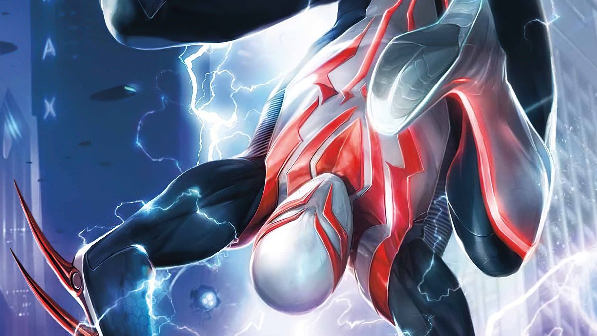 Spider-Man 2099 in his modern white, red, and black costume.