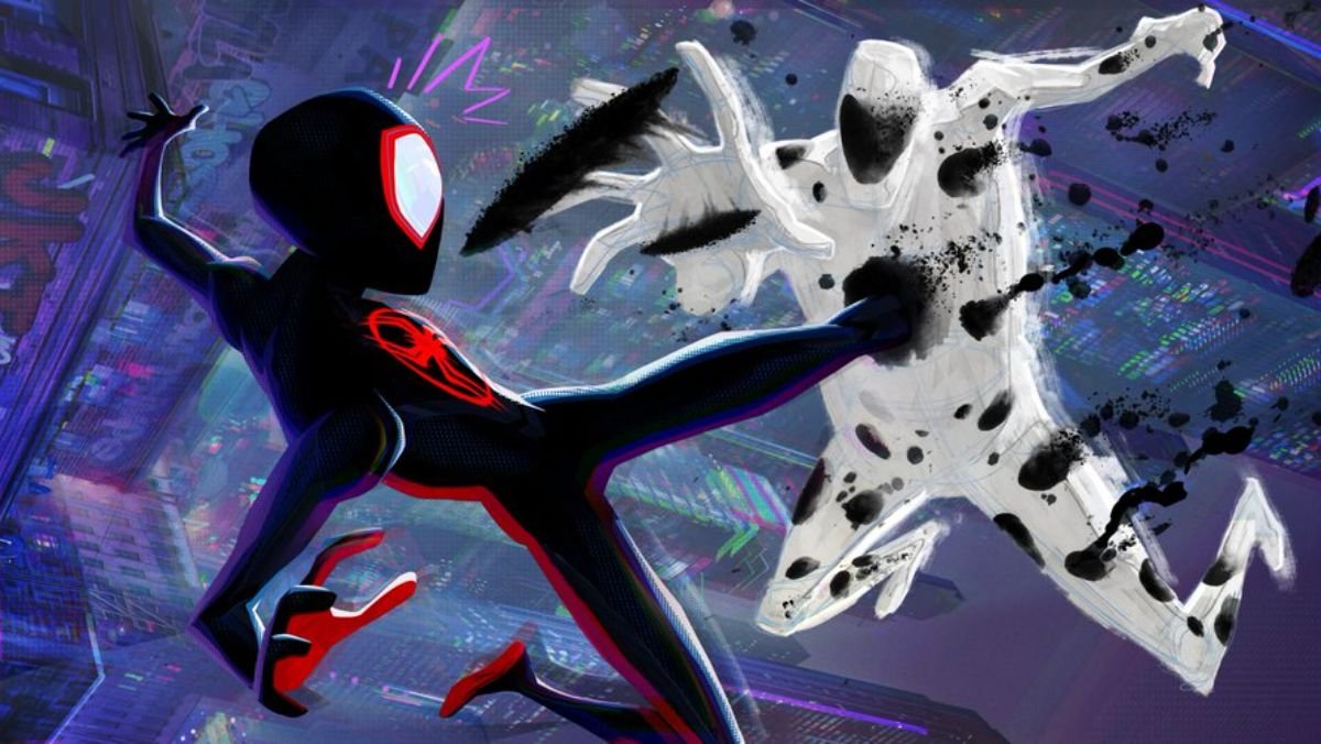 Spider-Man Across the Spider-Verse photo of miles morales kicking leg into the spot villain