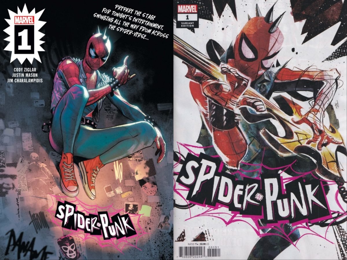The covers for the first issue of Spider-Punk's first solo series from 2022.
