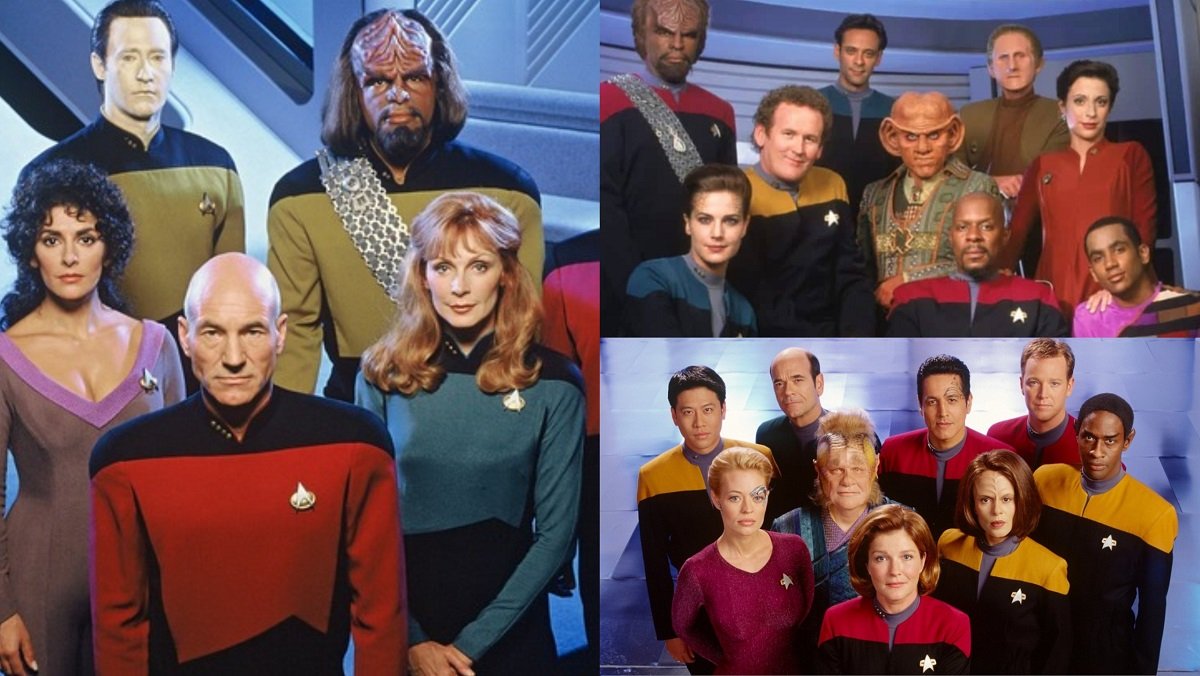 The casts of Star Trek: The Next Generation, Deep Space Nine, and Voyager.