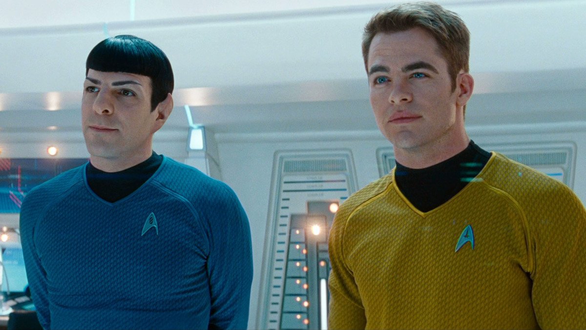Spock and Kirk standing next to each other on the Enterprise in Star Trek Into Darkness