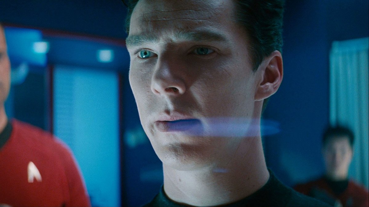 Benedict Cumberbatch as Khan looking through glass in Star Trek Into Darkness