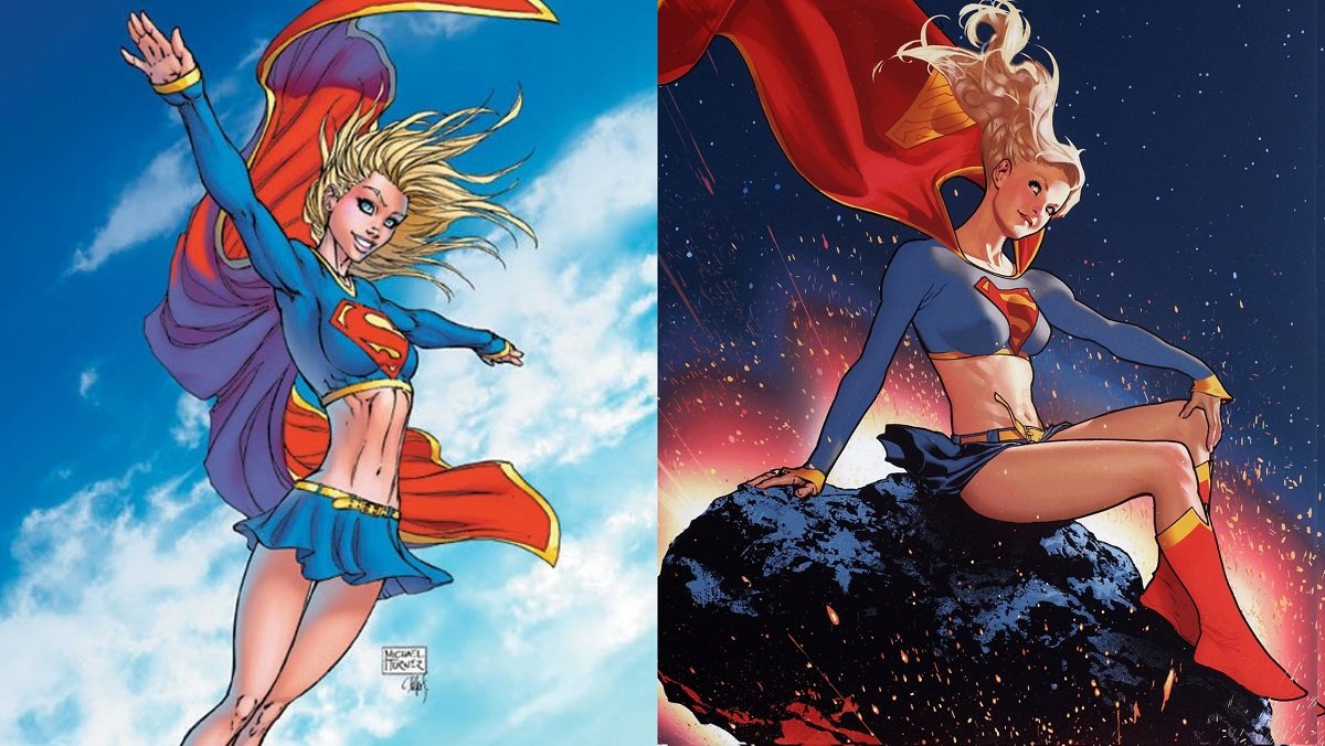 Michael Turner's design for the new Supergirl, circa 2004. Art by Turner and Adam Hughes.