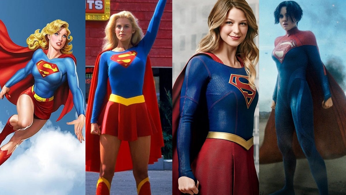 Supergirl in her comics incarnation, in her 1984 movie (Helen Slater), her TV version (Melissa Benoist) and the Flash's Sasha Calle.