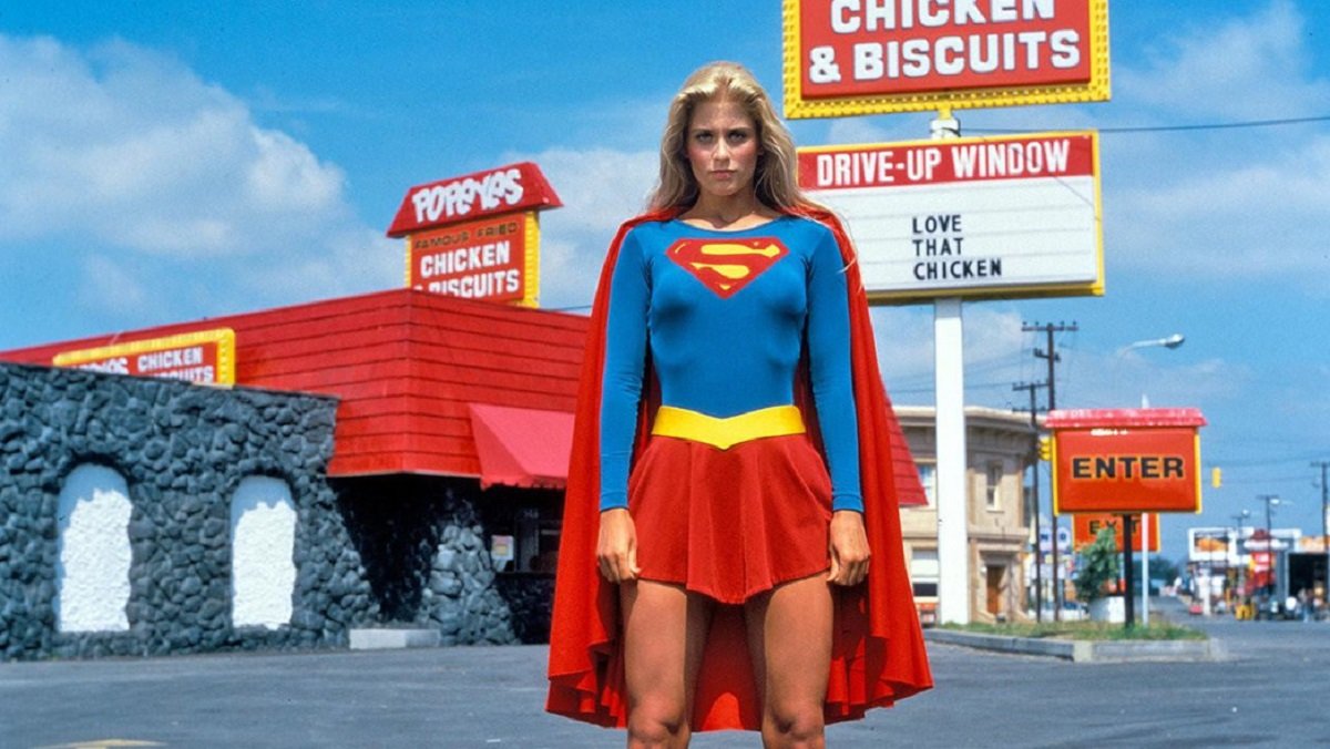 Helen Slater stands ready to defend a Popeye's Chicken in a shot from 1984's Supergirl.