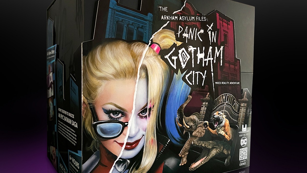 Harley Quinn on the box art for The Arkham Files: Panic in Gotham City game.