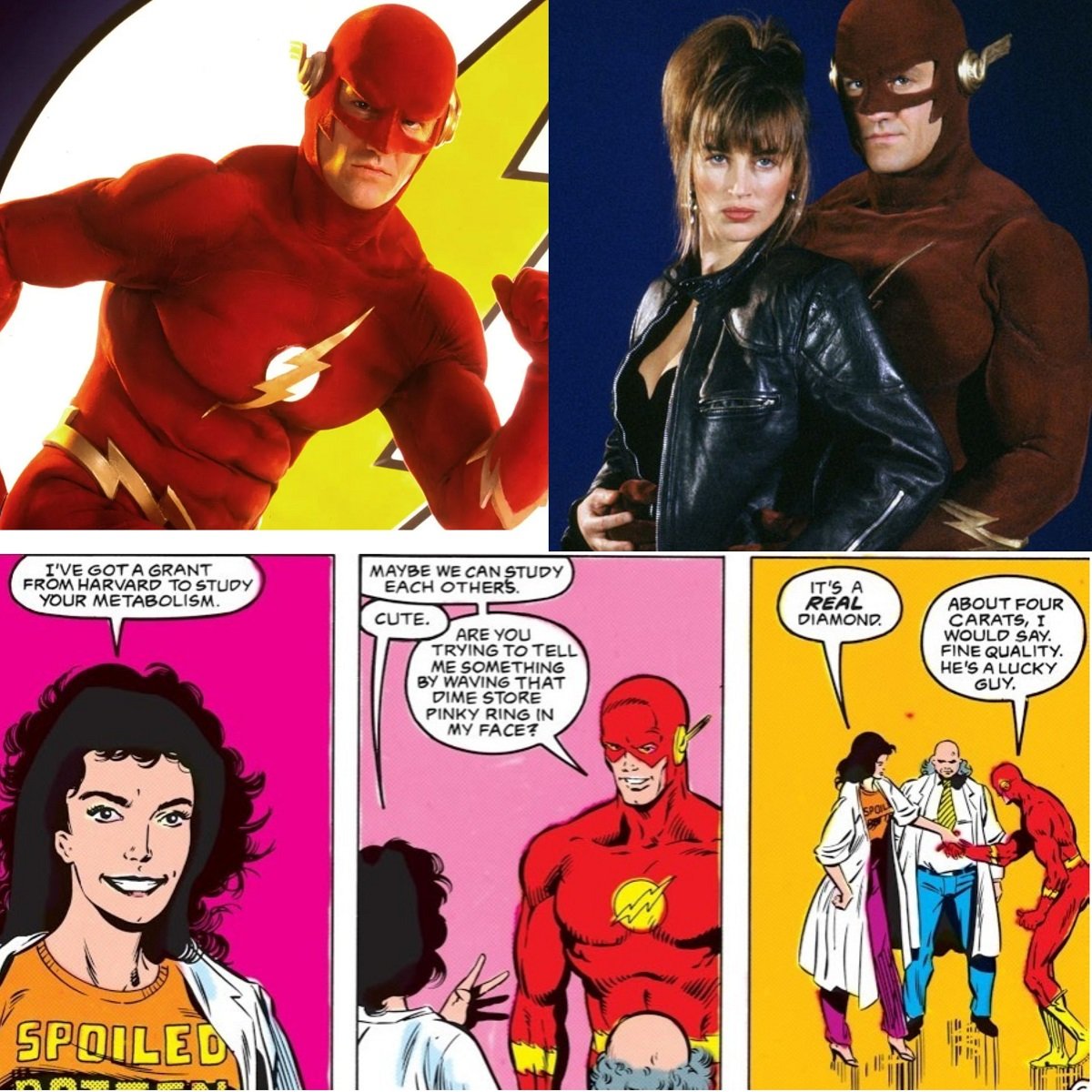 John Wesley Shipp as the 1990 TV Flash, Tina McGee (Amanda Pays) with John Wesley Shipp, and the DC Comics Tina McGee meets Wally West.