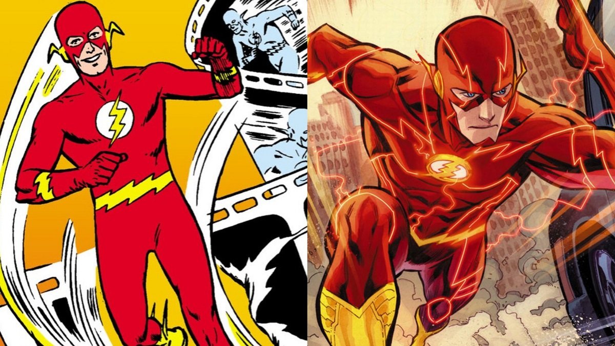 The Silver Age Flash Barry Allen, as he first appeared in 1956 and now in the modern era.