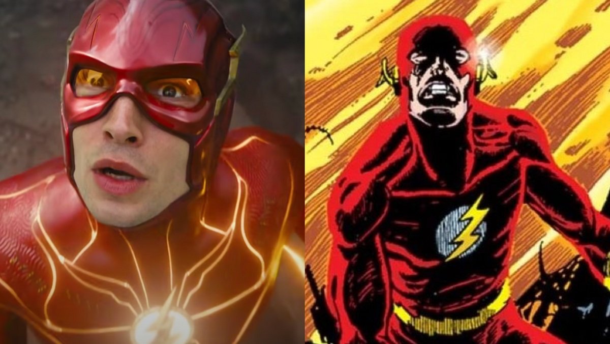 The Flash (Ezra Miller) in his solo film, and the Flash in his big death scene in Crisis on Infinite Earths (art by George Perez). 