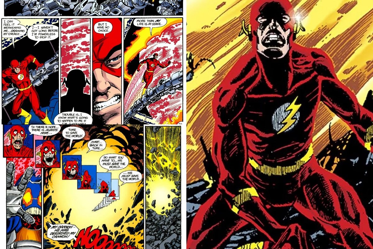 The death of the Flash, from Crisis on Infinite Earths #8, art by George Perez.