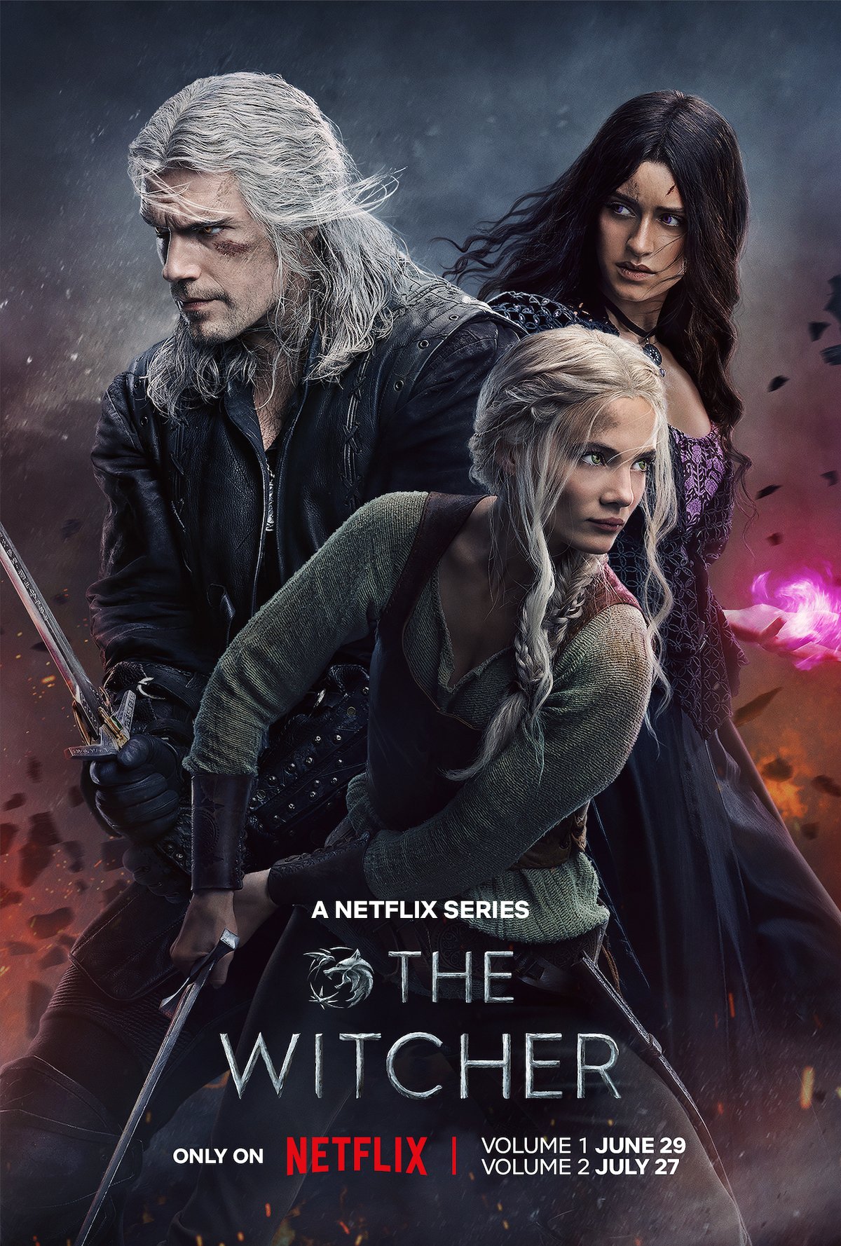 A poster for season three of The Witcher showing Geralt, Yennefer, and Ciri all posied for battle