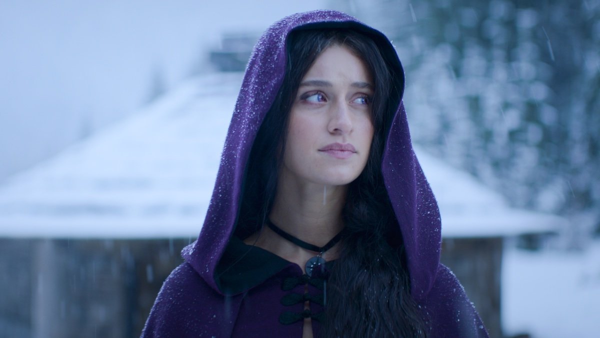 Yennefer in a purple hood in the snow on The Witcher