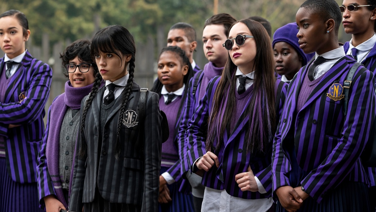 Wednesday Addams with the students of the Nevermore Academy.